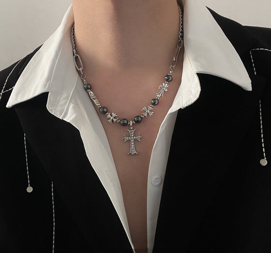 Pearl beaded cross necklace